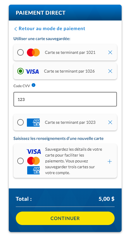 Une capture d’écran de l’endroit où inscrire le code CCV de la carte enregistrée